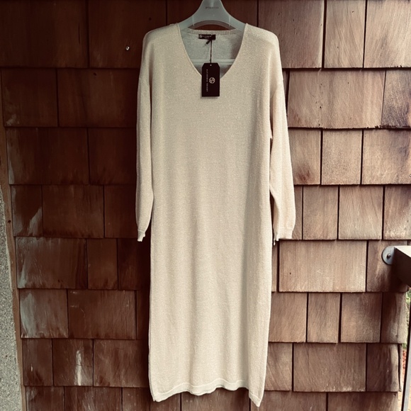 ALCHEMIA TRICOT 🇮🇹 Italy Women Long Sleeve Metallic Sweater Dress M White Gold - Picture 3 of 13